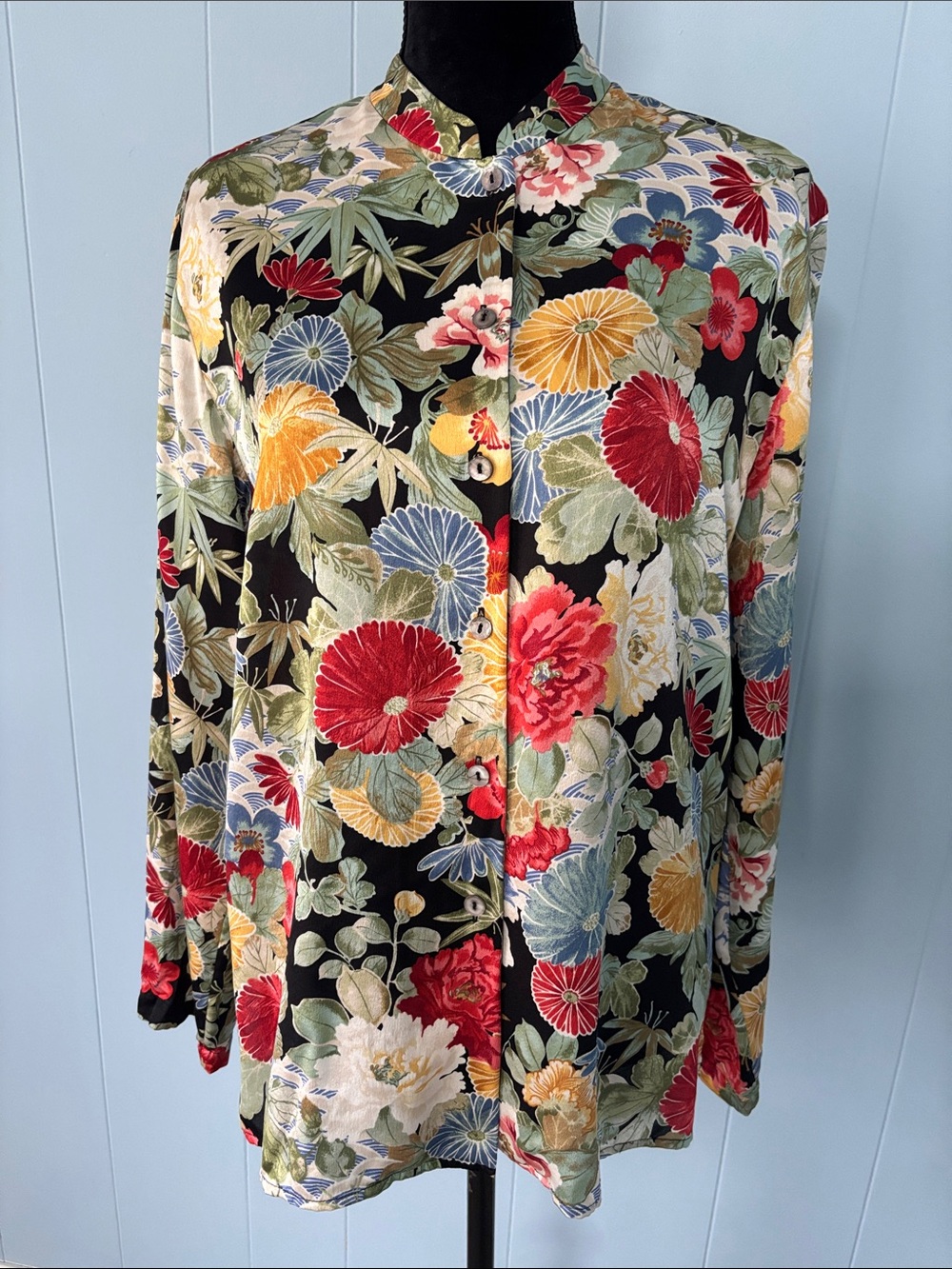 Vintage Carole Little 100% Silk Floral Blouse Button Front Size 12